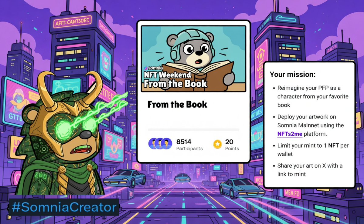 classicagain_'s tweet image. New Quests❗️ NFT Weekend Somnia From the Book, Your Missions:
▪︎ Reimagine your PFP as Character from your favorite book
▪︎ Deploy your Artwork on Somnia Mainnet using NFTs2me
▪︎ Limit your mint to 1 NFT per wallet
▪︎ Share your art on X with a mint link

#SomniaCreator