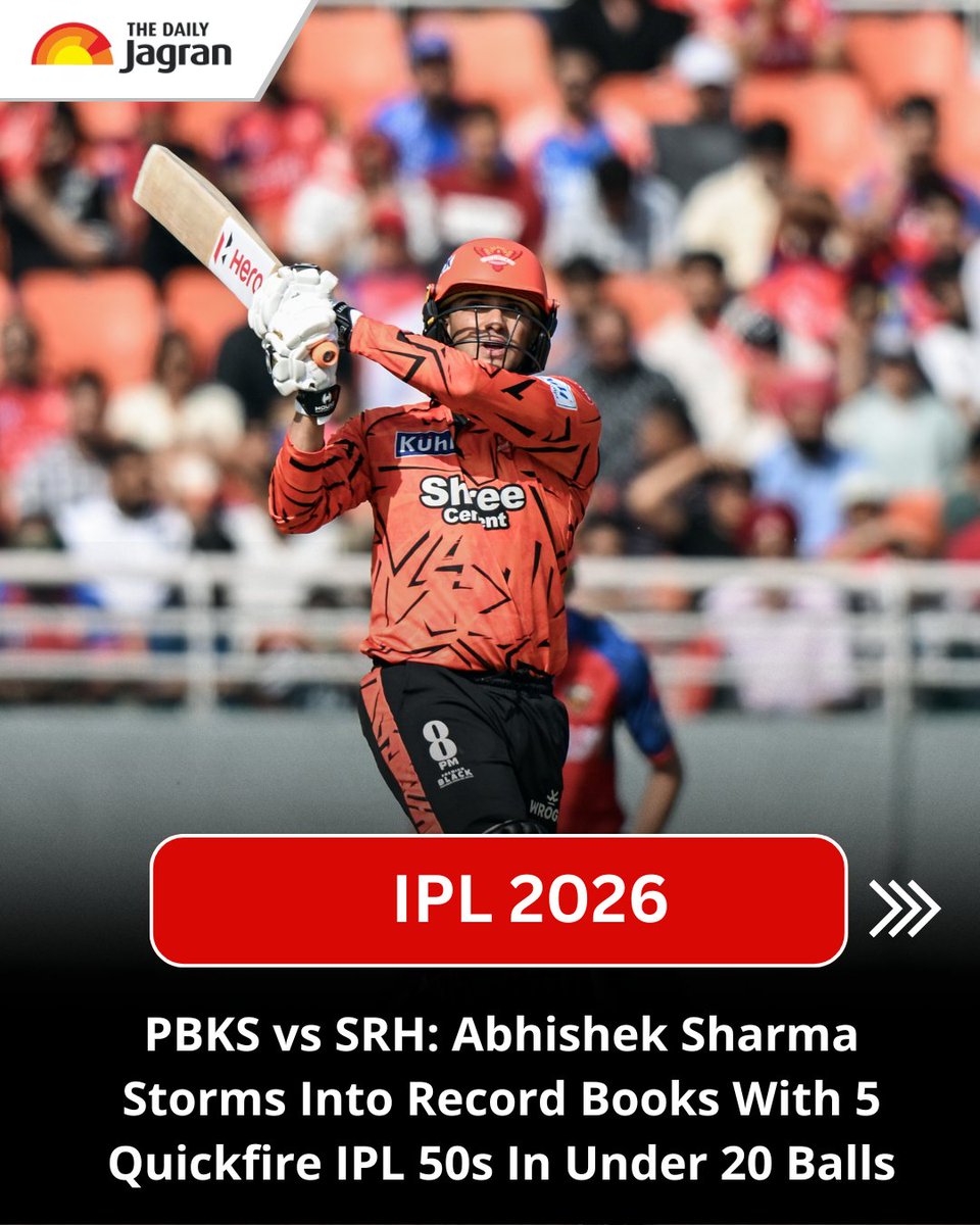 TheDailyJagran's tweet image. #InPics | PBKS vs SRH IPL 2026: Abhishek Sharma, who is currently the world's No. 1 T20I batter, has scripted history as he has become the first batter to have smashed five quick half-centuries in this tournament off just 20 balls.

The youngster is currently representing