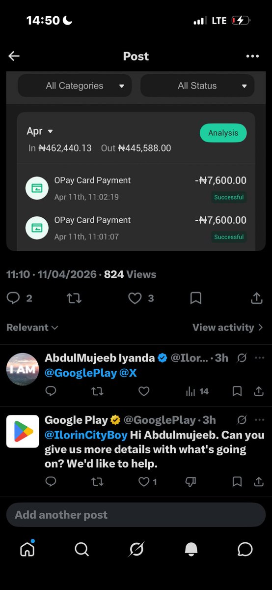 IlorinCityBoy's tweet photo. When I explain the power of commenting, some people don’t really understand.

For the last 50 days, none of my posts has reached 100 impressions in 3 hours because no one engages or the people who engage have fewer followers.

A Google Play comment on the post gives it over 800 impressions within 3 hours.

Commenting is better than liking. If I make 200 comments and 20 likes, it’s better than 200 likes and 20 comments.