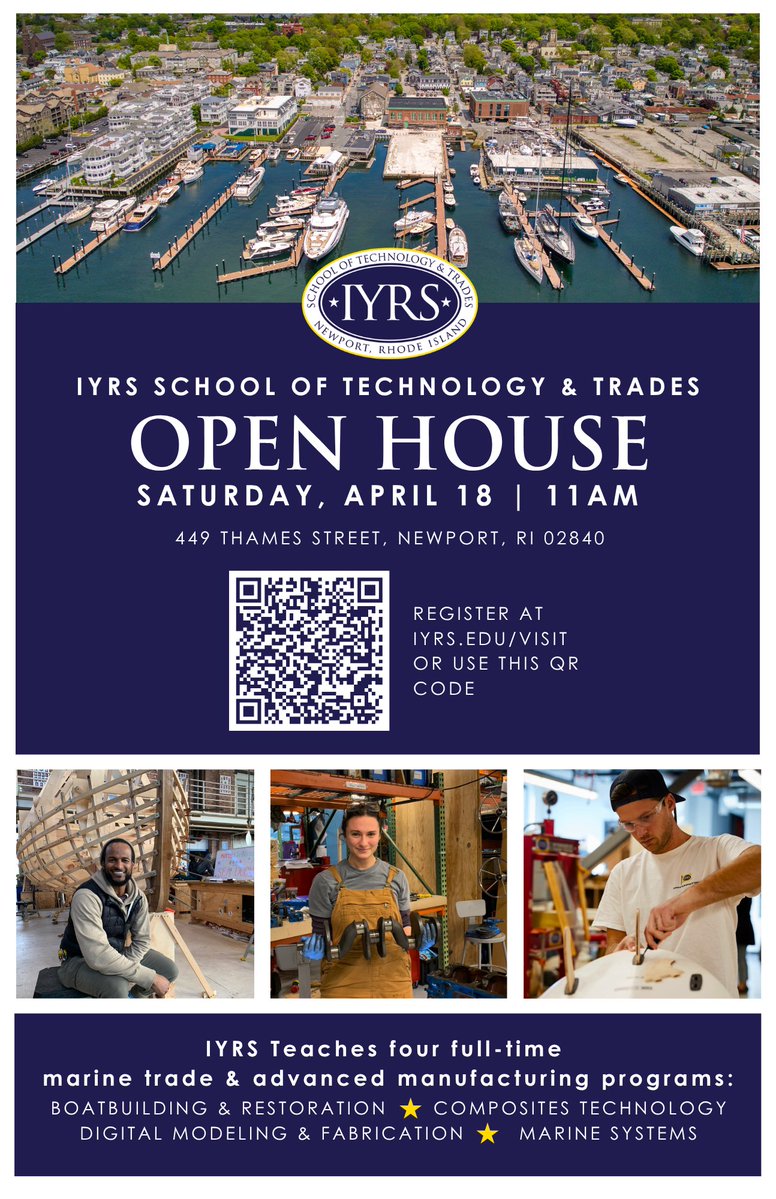 IYRSedu's tweet image. April Open House is just a week away—there’s still time to sign up! Attend within a year of enrolling and you could get up to $1,000 toward tuition. Join us April 18 and explore campus!
👉 ow.ly/O9AC50Vtl34
#IYRS #OpenHouse #School #TradeSchool #MarineTrades #Manufacturing