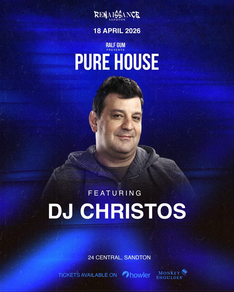 RalfGUM's tweet photo. I N 
 
one week – 18 April 2026 – Pure House with a dangerous line-up containing 4 of my favourite spinners in the country. Come thru for our monthly clubnight at Renaissance, Sandton. Tickets on Howler. https://t.co/fjzk5jrHdd