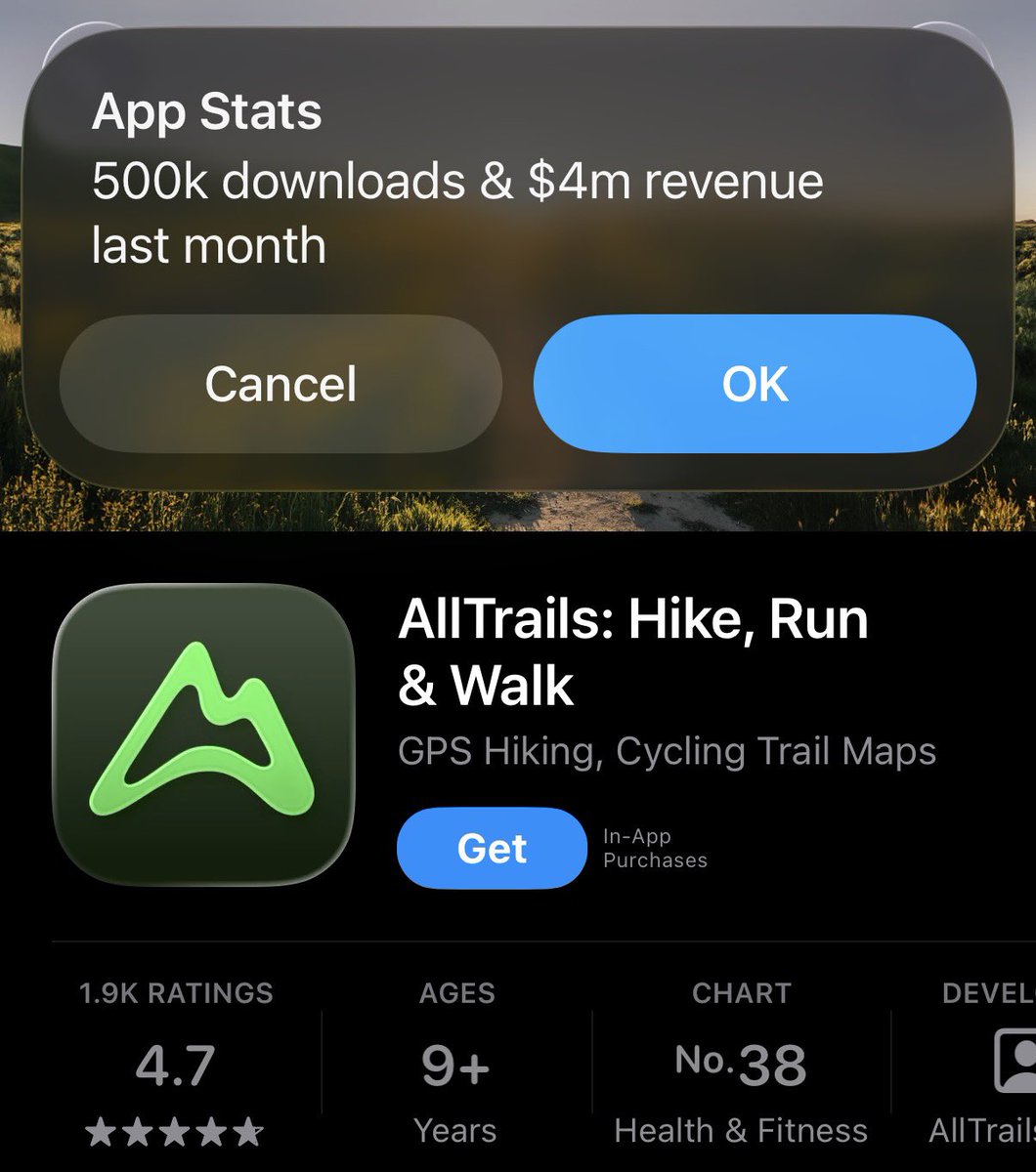 simonecanciello's tweet image. if you zoom out from x and look at the real world, you unlock 10x more app ideas.

no one here talks about hiking.

meanwhile there’s an app doing $4M.

some niches are insanely profitable.