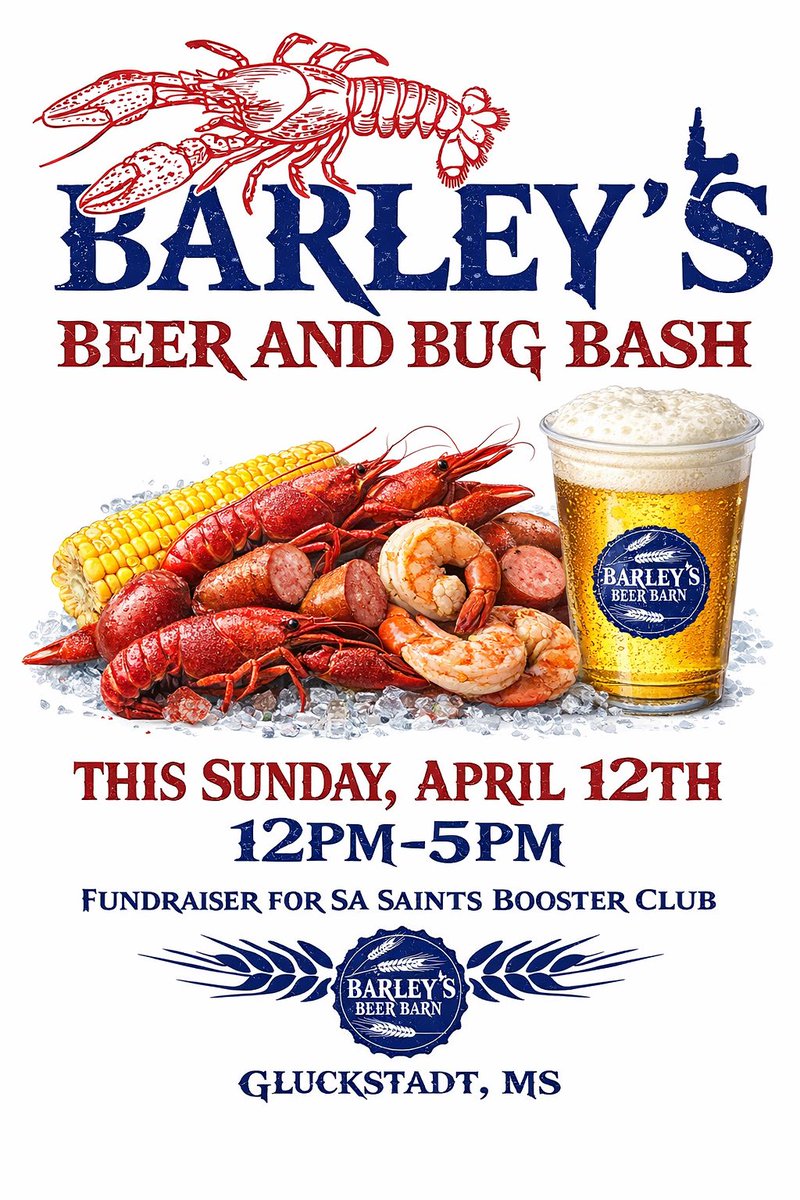 BarleysBeerBarn's tweet photo. TOMORROW IS THE CRAWFISH BOIL FROM 12-5pm. 🦞🦐The weather looks great for Sunday, April 12th. Join us tomorrow for the return of Barley’s Beer &amp; Bug Bash. It’ll be in the parking lot in front of Barley's Beer Barn. A fundraiser for Saints Booster Club. Come join us for crawfish https://t.co/XW3bOmnq4F