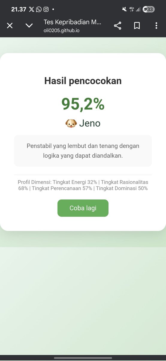 apdlelxk's tweet photo. Iseng main NCT Personality Test, ga expect hasilnya dapet Jeno😱
Bener kata orang kalau bias itu mirip kita, bias wrecker itu tipe kita

Link personality testnya: https://t.co/I6fcVmtwIi
Btw webnya pake bahasa china, tapi bisa ditranslate https://t.co/CJwwGJisab