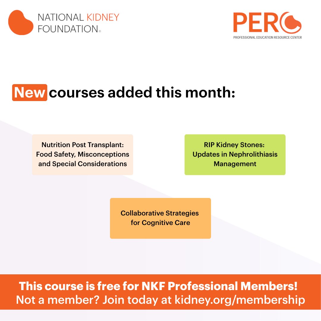 NKF_NephPros's tweet image. From food safety post-transplant to kidney stone management and cognitive care strategies, these new PERC courses deliver practical, clinical insights.

Free for members.

bit.ly/3Zdbk0b

#ContinuingEducation #Nephrology