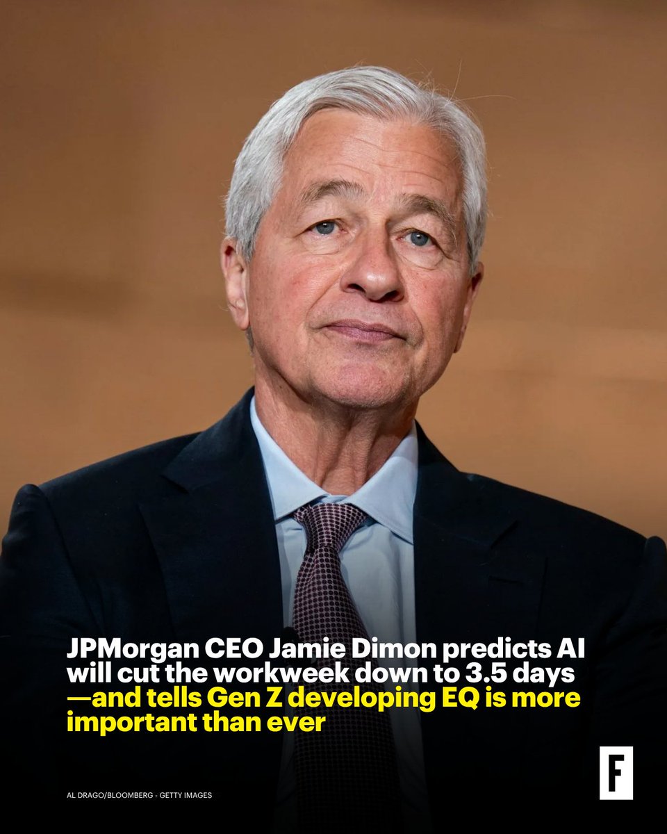 FortuneMagazine's tweet photo. “I believe that 30 years from now, your kids are probably working three and a half days a week,” said JPMorgan Chase CEO Jamie Dimon. https://t.co/H1G1T5V16B https://t.co/MGzKuRt8NG