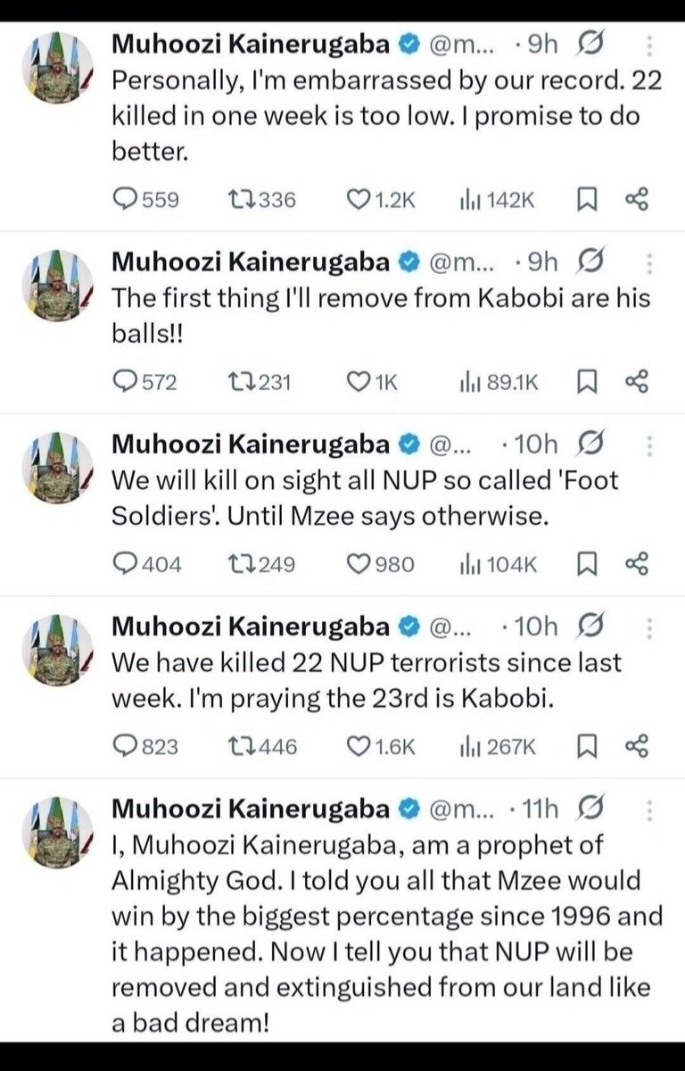 allimadi's tweet image. Mixing theater with #genocide.

The so-called 'crazy' #tweets by #Uganda's #Imbecile 4-star-Amazon-ordered 'general' is a well-crafted ruse and strategy by @mkainerugaba &amp;amp; his #MassAssassin father @KagutaMuseveni to accomplish 2 things:

1) To divert attention from his father's