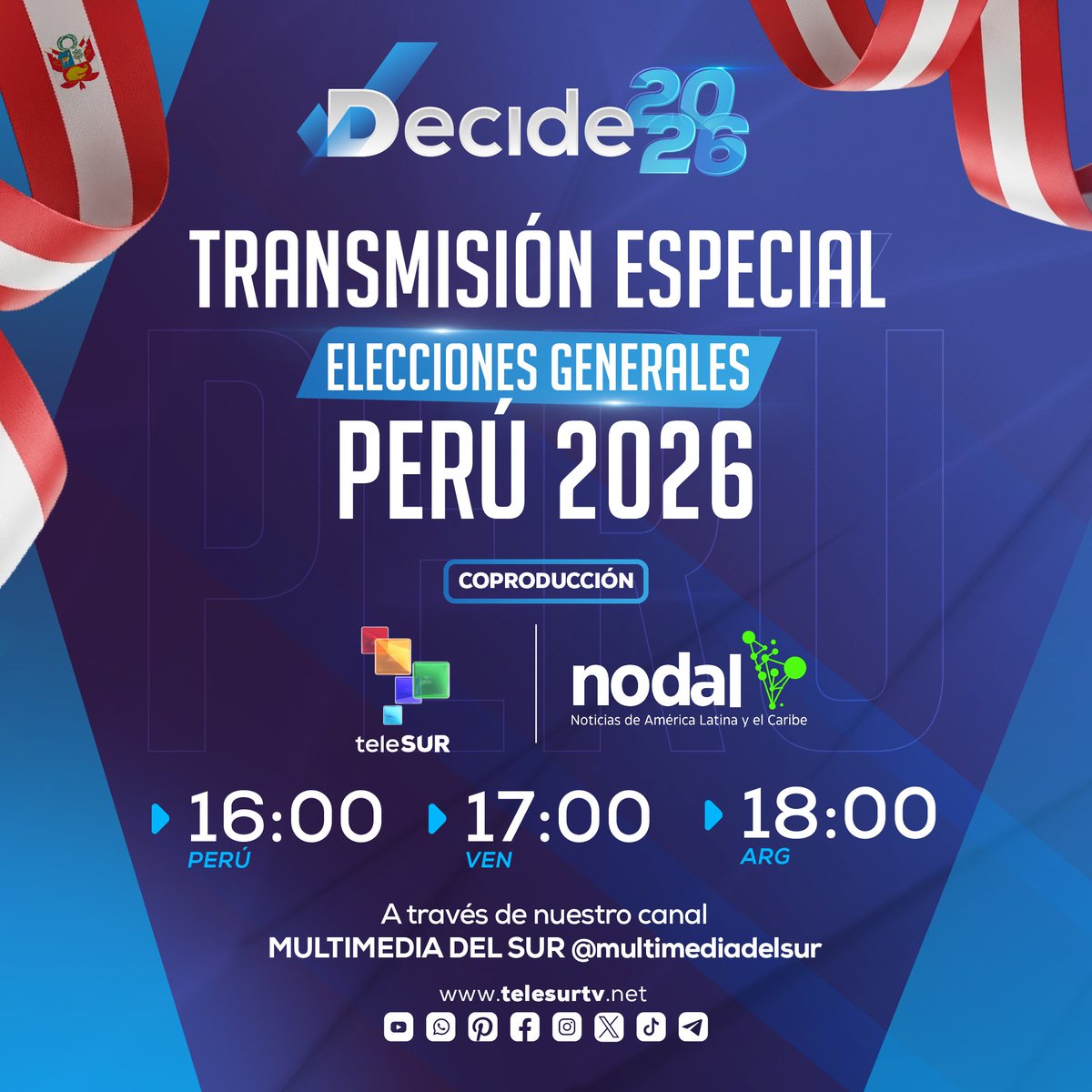 #Perú Desde <a href="/teleSURtv/">teleSUR TV</a> tendremos cobertura especial por elecciones. Los invitamos a seguir nuestra multiplataforma para seguir minuto a minuto el desarrollo de esta jornada junto a <a href="/RamiroteleSURtv/">Ramiro Angulo Machiavello</a> 

<a href="/pvillegas_tlSUR/">Patricia Villegas Marin</a>