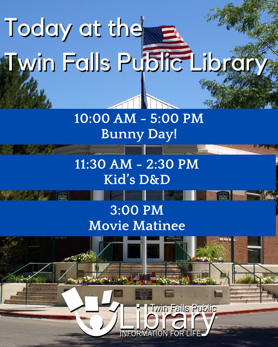 Spend your Saturday at the Twin Falls Public Library! It's Bunny Day all day, we have Kids D&amp;D for 3rd-6th graders at 11:30 am, and a Movie Matinee at 3 pm (hint: this movie was Elijah Wood's film debut)! Find more info at tfpl.org/calendar.