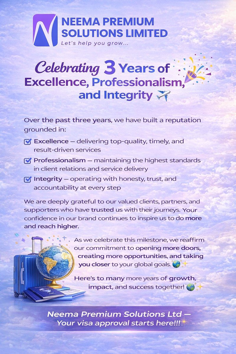 neemafunds's tweet photo. Celebrating 3 Years of Excellence – Neema Premium Solutions Ltd 🎉✈️

Today, we proudly celebrate a remarkable milestone—3 years of excellence, professionalism, and integrity in delivering trusted travel solutions across Nigeria https://t.co/AYdkZQV3sZ