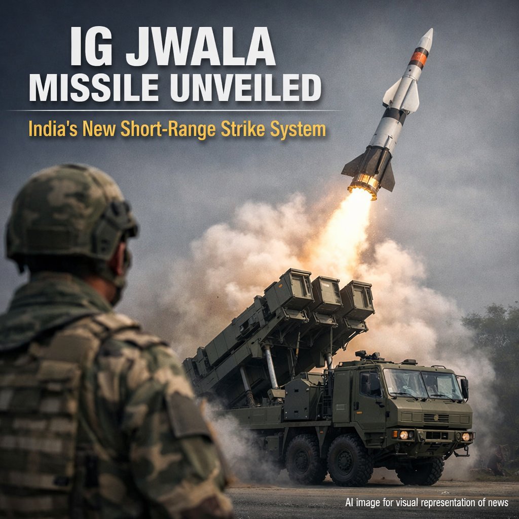 IndianDefenceT's tweet image. IG Defence’s IG Jwala is an indigenous short-range missile designed for rapid-response, precision strikes, boosting India’s tactical battlefield capability and self-reliance in modern defence systems.

#DefenceNews #IndiaDefence #MissileSystem #AtmanirbharBharat #MilitaryTech