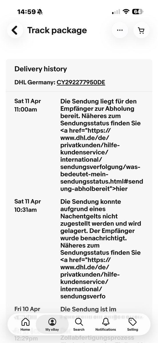 Woodhog2's tweet photo. @DHLPaket 
You have updated the tracking on this parcel to say it can’t be delivered as there’s a fee to pay!!!
I’ve not been informed, I’ve not been asked to pay a fee and I’ve not been told where my parcel is. 
So don’t update the tracking with rubbish. https://t.co/tXC79NqVGQ