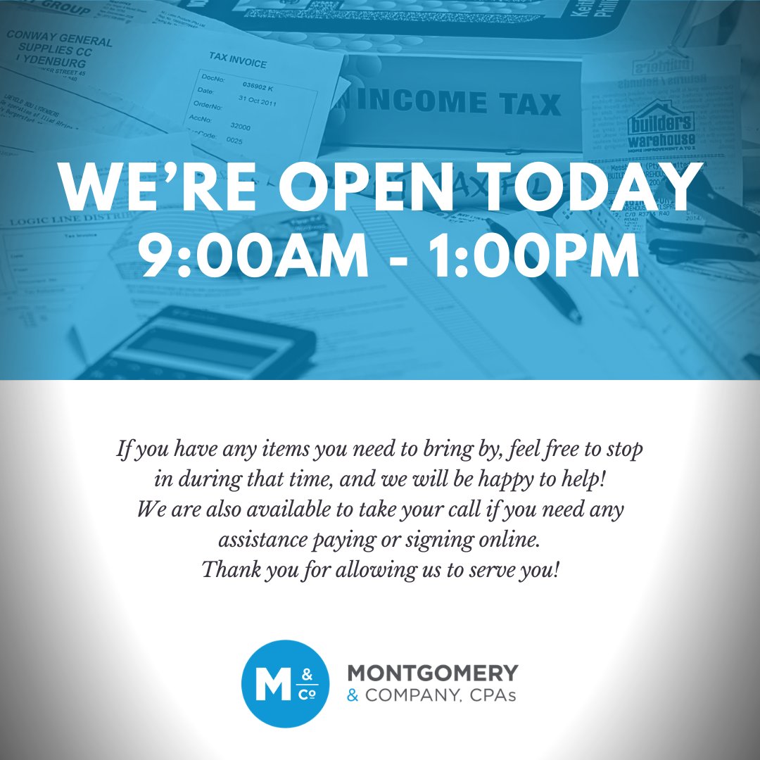 Need help today? We are open from 9:00 AM to 1:00 PM. Call or stop by, we are happy to help!
#cpafirm #taxsupport #greenvillecpas #greenville #cpa #accountants