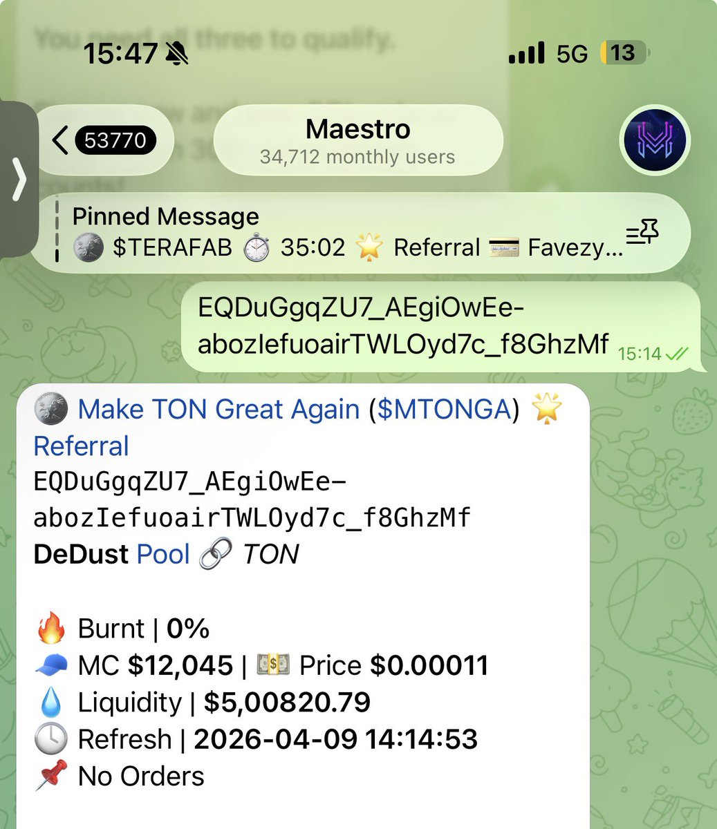 I’m up 25x on this TON coin.

Dropped a 7.5x call on my TG channel off the dip and a 15x for my circle.

Now it’s time to send it to the millis and Make TON great again🚀

MTONGA