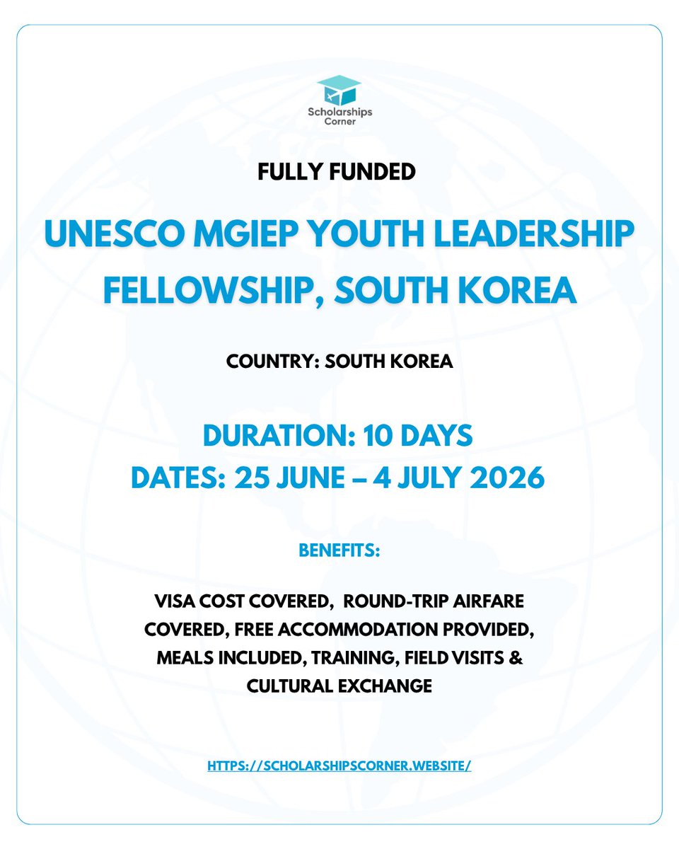 scholar_corner's tweet image. UNESCO MGIEP Youth Leadership Fellowship, South Korea (Fully Funded)

No Application Fee 

Link: scholarshipscorner.website/unesco-mgiep-y…

Location: Humanitas College of Kyung Hee University, South Korea  Duration: 10 Days Dates: 25 June – 4 July 2026

Benefits:

• Visa cost covered
•