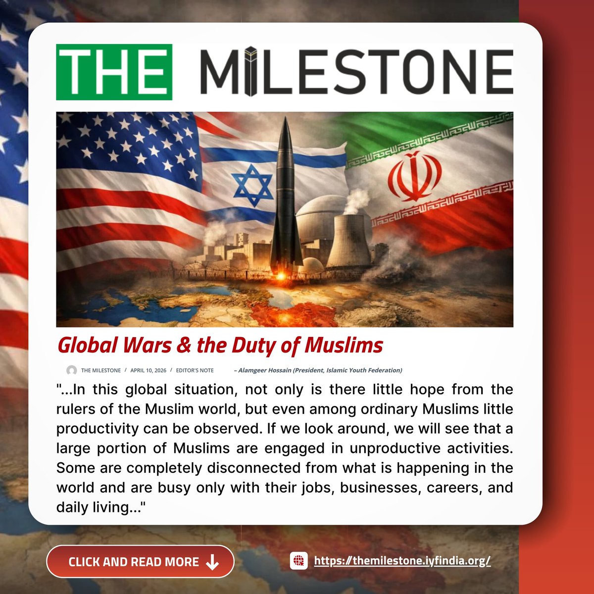 TheMilestone5's tweet photo. 🟫 The Milestone Magazine
_"...In this global situation, not only is there little hope from the rulers of the Muslim world,"
#AnantAmbaniSeva #PBKSVsSRH #VictimsOfDogBites  #Shreyaslyer #BCDharmaDeeksha
#BodeRamachandraYadaVGaru
#PunjabKings #Pakistán  #پاکستان #Israël https://t.co/LfCBsDQJjS