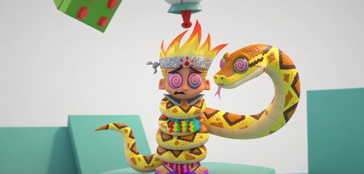Johnny Test Kung Fu suit Meets Kaa the snake from The Jungle Book hypnosis crossover cartoon 3D cartoon style HD