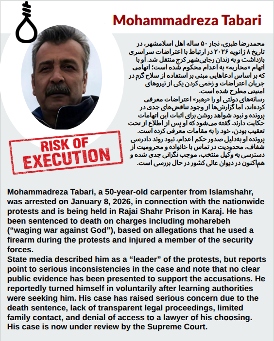SaveIranLives's tweet photo. #MohammadrezaTabari, a carpenter from Islamshahr, was arrested on Jan 8, 2026 after nationwide protests and is now held in #RajaiShahr Prison, #Karaj. He has been sentenced to death. #Iran #HumanRights #StopExecutions https://t.co/GqHVQlQZRI