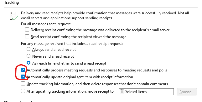 bcmorrison's tweet photo. New phishing scheme exploits @Outlook default settings, I received 5 of these this week. Email comes in as a calendar invite. By default, when you delete, Outlook still adds event to calendar.  You have to go to Options>Mail>Tracking and uncheck the automatic processing. https://t.co/jHCUKHn9ze