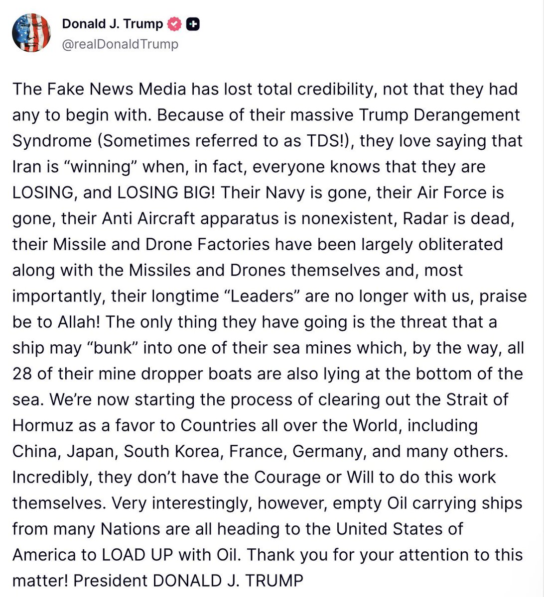 DynamiteNews_'s tweet image. US President Donald Trump says the US has begun efforts to clear the Strait of Hormuz, calling it a move to support global trade and major economies including China, Japan, South Korea, France, and Germany.

#Trump #StraitOfHormuz #GlobalTrade #OilRoutes #USPolitics
