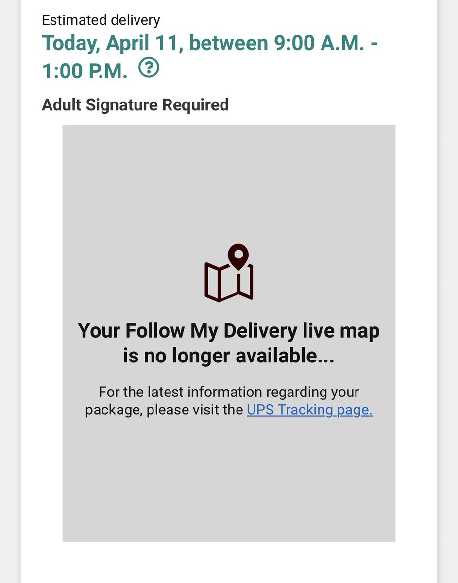 TomStSyber's tweet photo. @UPS Are you no longer supporting live tracking of packages or am I having a local issue?

I've tried refreshing multiple times, different browsers, and with or without a VPN.

If you can only give us a 4-hour window for delivery, then surely you can support driver tracking. https://t.co/CGXFF3vEC3