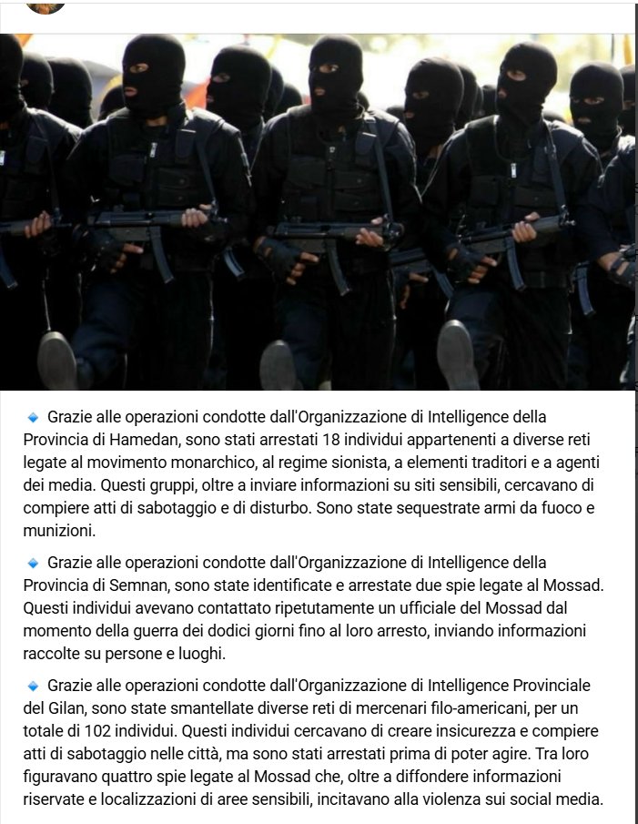 Il Corpo delle Guardie Rivoluzionarie Islamiche (IRGC) dell'Iran annuncia l'arresto di 123 mercenari filo-americani.
Organizzazione di Intelligence dell'IRGC
Inoltre, sono stati emessi avvisi di avvertimento a 100 individui considerati istigatori e reclutati