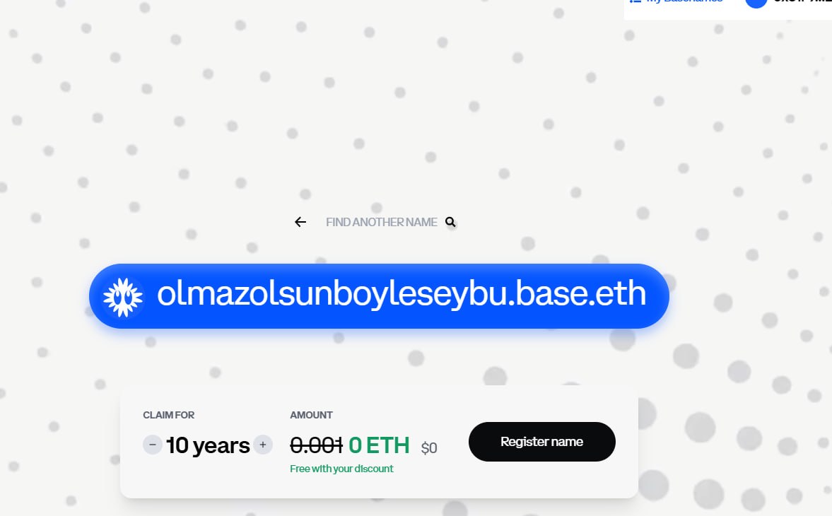 📍 $BASE ÜZERİNDE 10 YILLIK ALAN ADINI ÜCRETSİZ ALIN! 

base.org/names adresine girin, istediğiniz domaini yazın ve kontrol edin eğer 10 yıla kadar 'free with your discount' yazıyorsa alabilirsiniz. 

Eğer yoksa; 2. görselde yazan koşulları sağlamanız lazım. 
Bunların