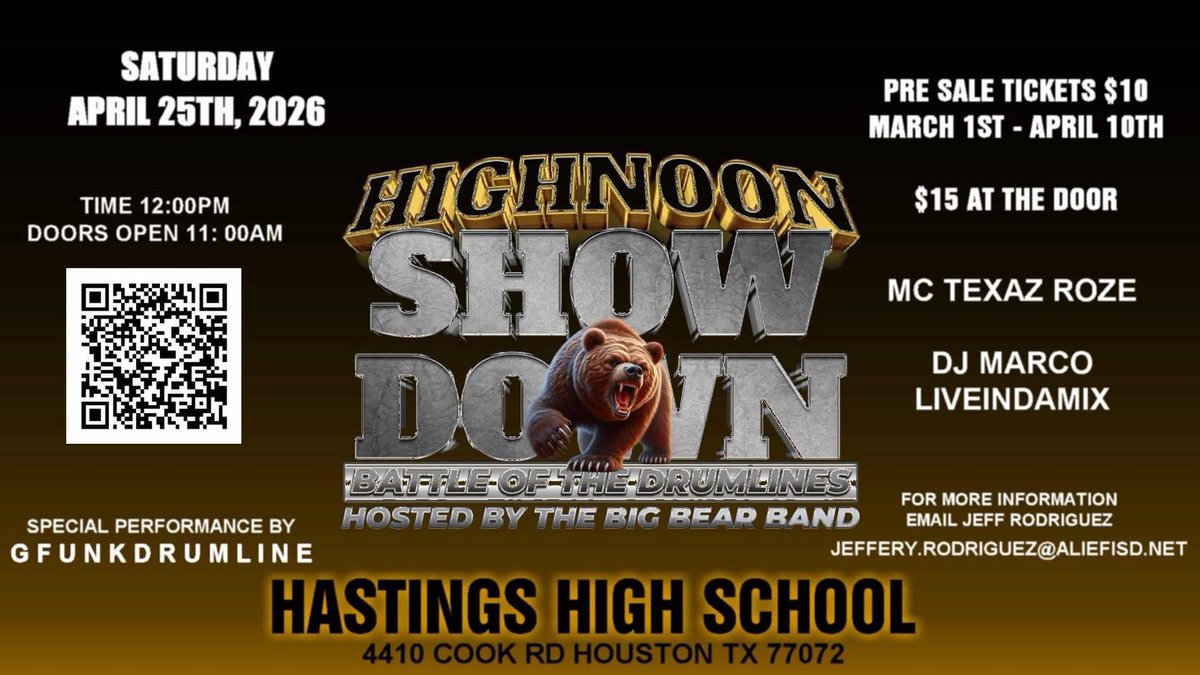TEXASJROD93's tweet photo. Countdown has begun! Highnoon Showdown Battle of the Drumlines April 25, 2026. See you at the show! ⁦@HHSBearBand⁩ ⁦@aliefFineArts⁩ ⁦@AliefISD https://t.co/ydayn2go3l