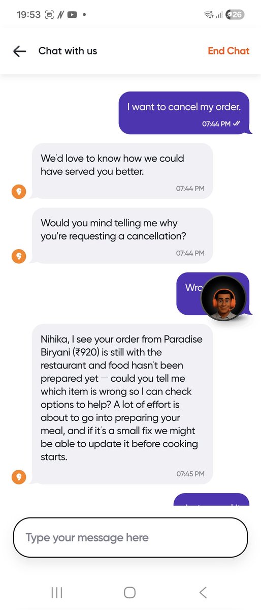 nihverma's tweet photo. Another instance of @Swiggy cheating.

Order placed by mistake at 7:44 PM → tried to cancel immediately. No cancel option. Reached out on chat → refused refund.

They claim you can cancel within 60 seconds, but make it impossible to do so. Is this legal?
@jagograhakjago @Swiggy https://t.co/azvVlLYVmf