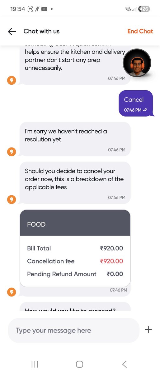 nihverma's tweet photo. Another instance of @Swiggy cheating.

Order placed by mistake at 7:44 PM → tried to cancel immediately. No cancel option. Reached out on chat → refused refund.

They claim you can cancel within 60 seconds, but make it impossible to do so. Is this legal?
@jagograhakjago @Swiggy https://t.co/azvVlLYVmf