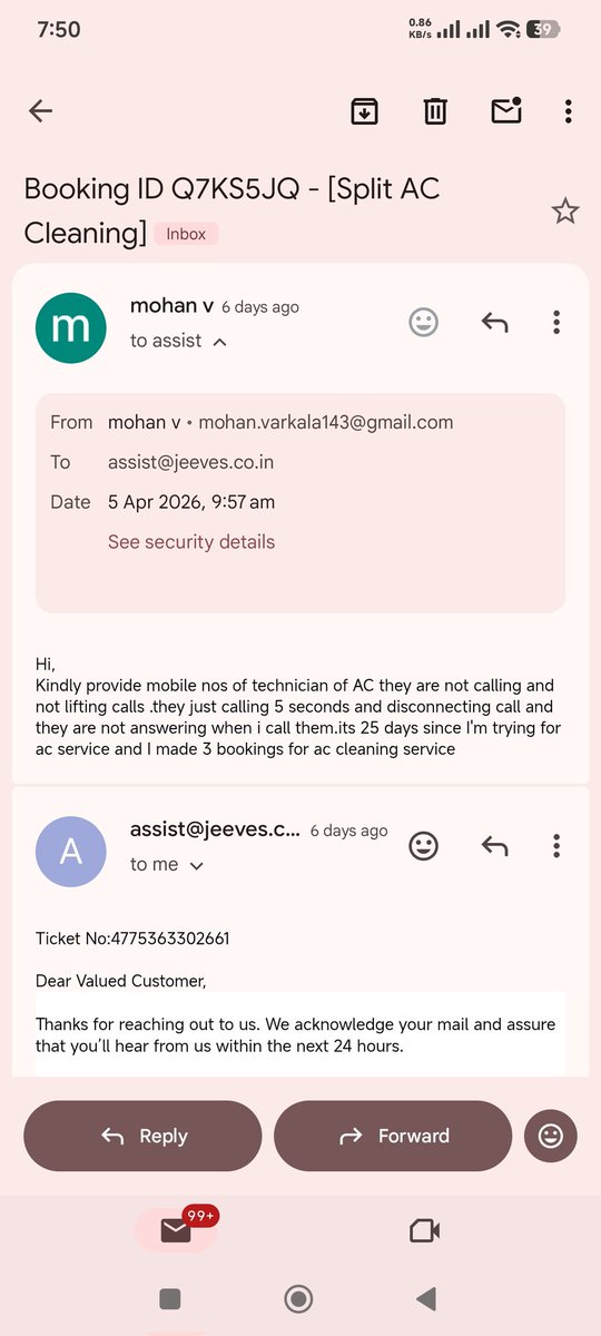 rajeev_4all's tweet photo. @flipkartsupport such worst service by jeeves booked 3 times for ac cleaning no calling from technicians or no response for my calls. From past month it's going on but no service done by. No response to mails https://t.co/DnF7FbtQIe