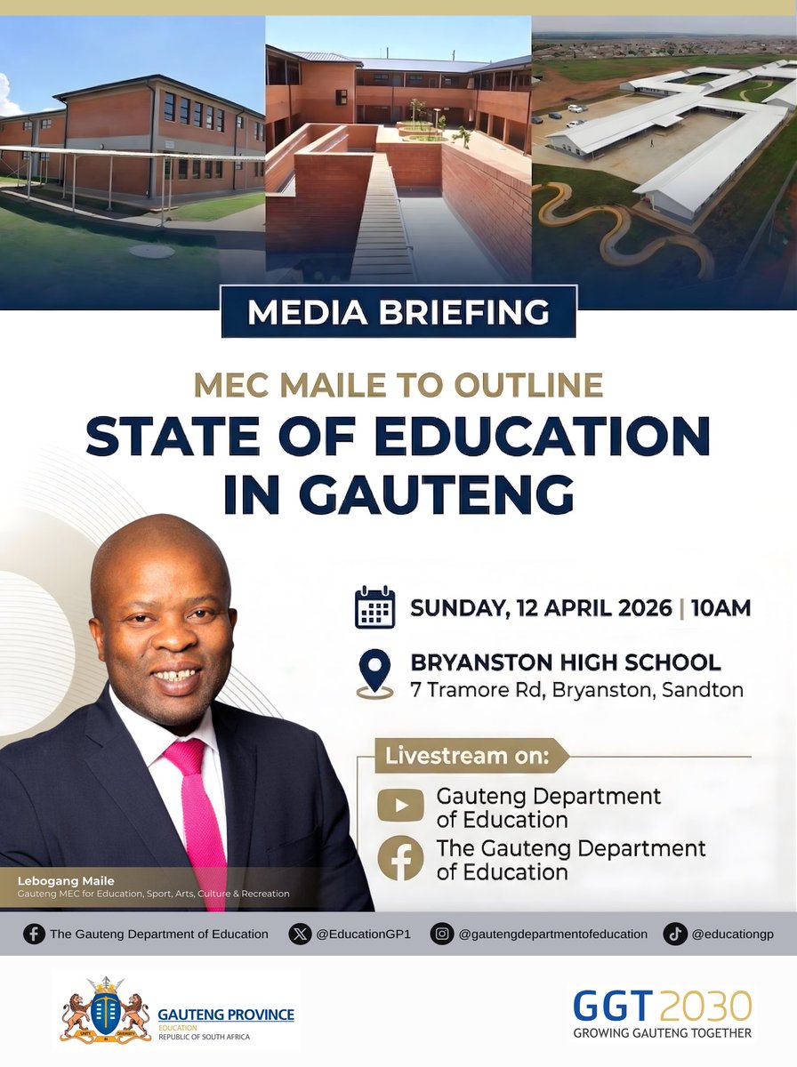 EducationGP1's tweet image. MEC MAILE TO OUTLINE STATE OF EDUCATION IN GAUTENG

Gauteng MEC for Education, Sport, Arts, Culture &amp;amp; Recreation, @LebogangMaile1, will host a media briefing to outline the state of education in Gauteng.

🗓️: Sunday, 12 April 2026
🕙: 10:00 AM
 
Livestream on: 
YouTube: