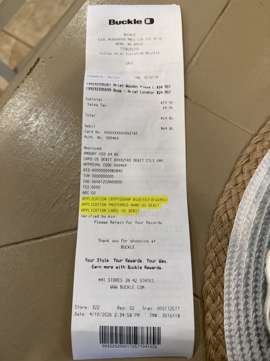 jason_borsini's tweet photo. I went to the Buckle yesterday and after getting home, I realized it had crypto writing on it. Are most of the financial systems using crypto behind the scenes now because I would assume so. 🤷‍♂️ @DigPerspectives @digitalassetbuy @RipBullWinkle https://t.co/gY5bTcb7Wl