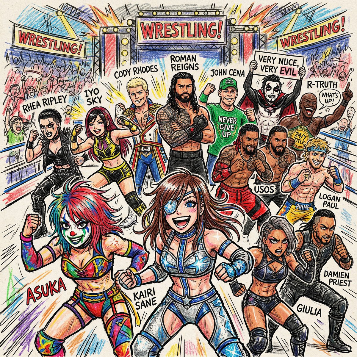 chelsigween's tweet photo. A Little Something for Everybody
#asuka #kairisane #IYOSKY #rhearipley #johncena #codyrhodes #romanreigns #danhausen #rtruth #damienpriest #jeyuso #jimmyuso #guilia #loganpaul https://t.co/XpgKq5YWI8