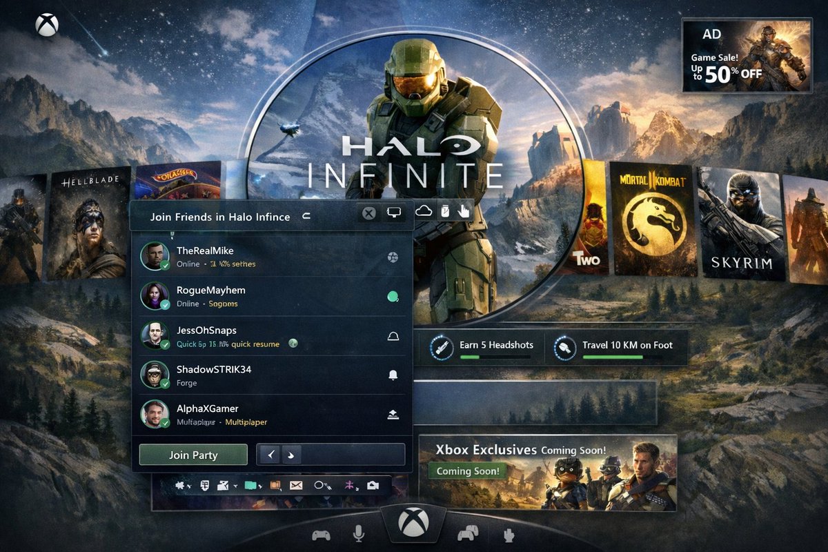 JONSG89's tweet photo. @Xbox 🎮 A cleaner UI:
• Centered dashboard + quick friends join
• Catalog: 1 tile per game, smart filters
• Game page: clear Standard/Deluxe/Ultimate + Game Pass value
Less clutter. Faster decisions. More play. 🚀 https://t.co/y9Wxj9eFWJ