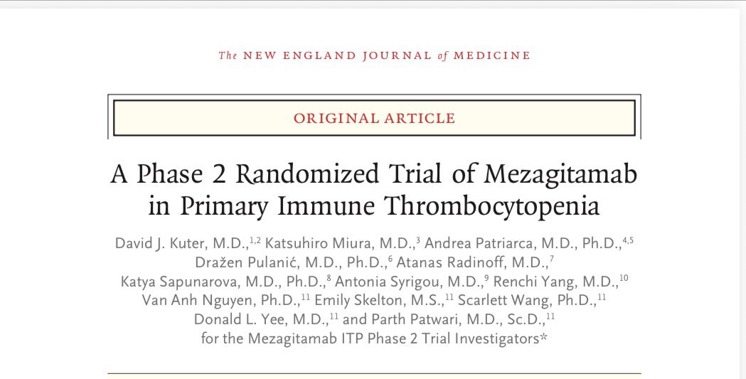 RheumattDoc's tweet photo. 🧬 A Phase 2 Randomized Trial of Mezagitamab in Primary ITP 

💊 What is Mezagitamab?

•Anti-CD38 monoclonal antibody
•Targets:
•Plasma cells (↓ autoantibodies)
•Plasmablasts
•NK cells

🧪 Study Design

•Phase 2, multicenter, double-blind RCT
•Adults with persistent/chronic primary ITP
•Platelets: <30,000/µL

Arms:

•Mezagitamab: 100 / 300 / 600 mg
•Placebo
•Weekly SC × 8 weeks

🎯 Key Outcomes

•Primary: Safety
•Secondary: Platelet response
✔ ≥50,000/µL
✔ ↑ ≥20,000 from baseline
✔ ≥2 visits (up to week 16)

📊 Results 

⚠️ Safety
•Similar to placebo
•No major safety signal
👉 Well tolerated

📈 Efficacy
•600 mg dose:
→ 91% response
•Placebo:
→ 23% response

🧠 Take Home

•CD38 targeting → plasma cell depletion
•May work where steroids, TPO-RAs, rituximab fail
•Potential future option in refractory ITP

#RheumattDoc #MedTwitter @NEJM #RheumTwitter #Medicine #rheumatology @docakx @IhabFathiSulima @CelestinoGutirr @DurgaPrasannaM1