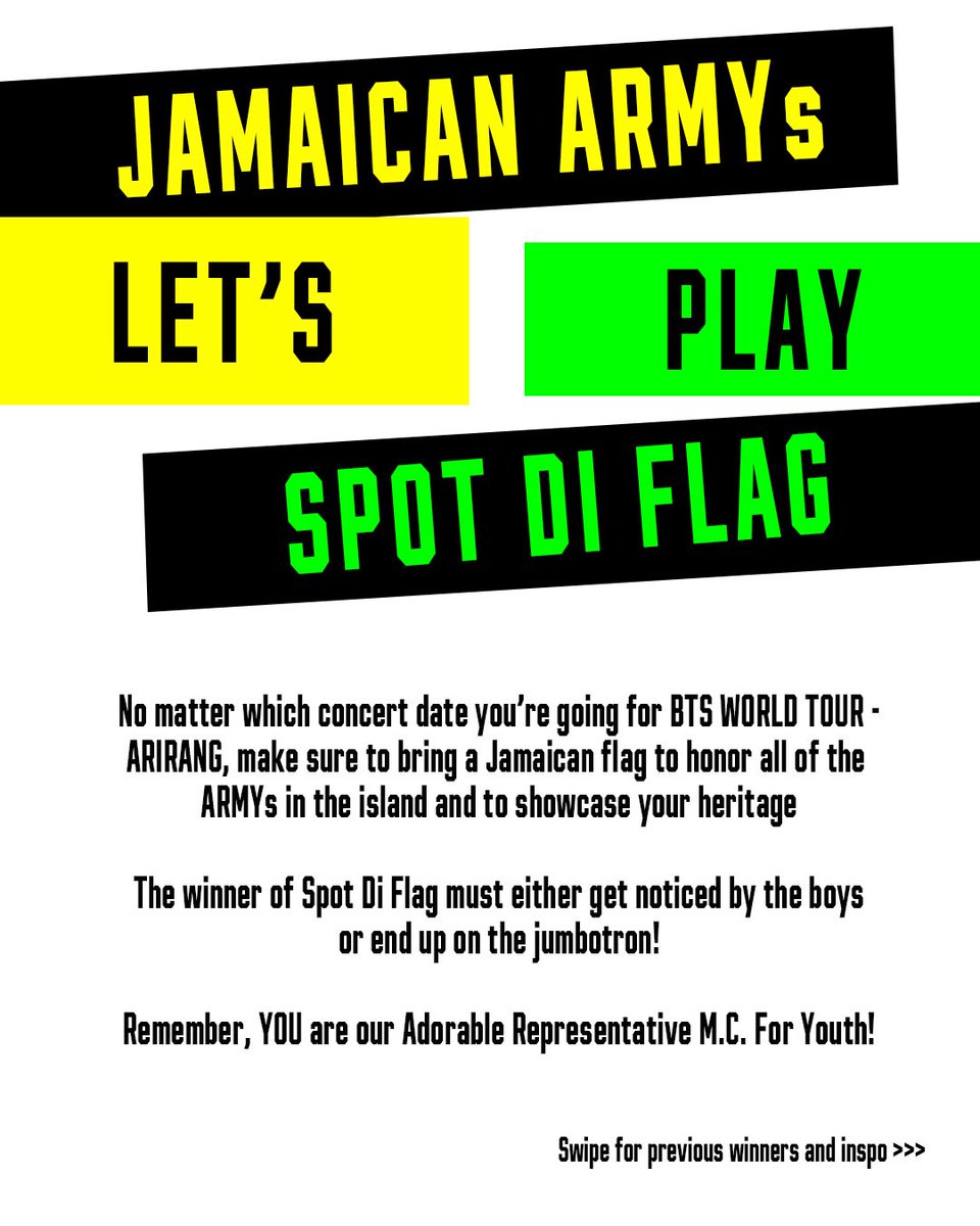 876_BTS's tweet photo. Are you a Jamaican ARMY that’s going to a upcoming BTS concert date in America, Asia or South America? 

Join the game of SPOT DI FLAG - a tradition for Jamaican ARMYs across the world during concerts! 

#BTS #JAMAICANFLAG #JAMAICA https://t.co/e68b4Z7dAU