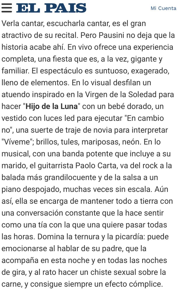 Esta crónica de @BelenFourment es fiel y brillante sobre el show de <a href="/LauraPausini/">Laura Pausini</a> en Montevideo. 
Y no exagera en nada sobre uno de los mejores conciertos del último tiempo en Uruguay.
👉🏼elpais.com.uy/tvshow/musica/…