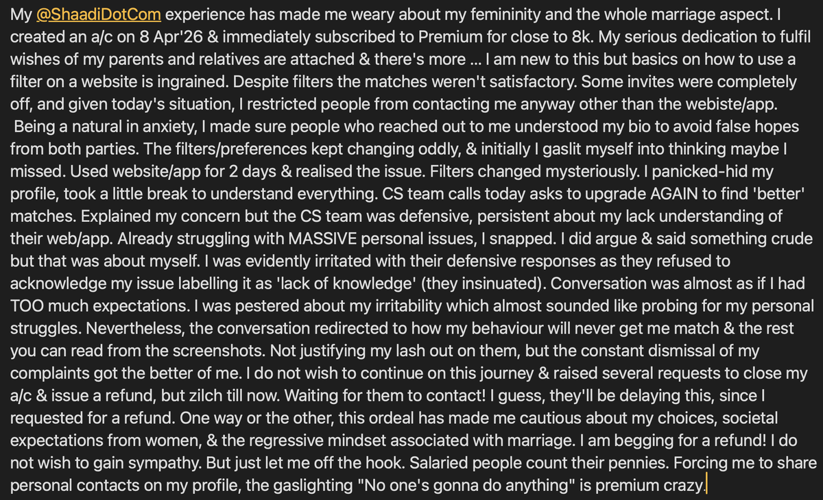 HumorlessWoman's tweet photo. @AnupamMittal @ShaadiDotCom @Shaadihelp @ABPNews @jagograhakjago @consumerforum_ 
My @ShaadiDotCom experience is horrendous. CS team accuses my upbringing, refused to accept my complaints, gaslights that no one will choose me. 
See SS, &amp; GIVE ME MY MONEY! #fraud #shaadifraud https://t.co/i5DixeTYxJ