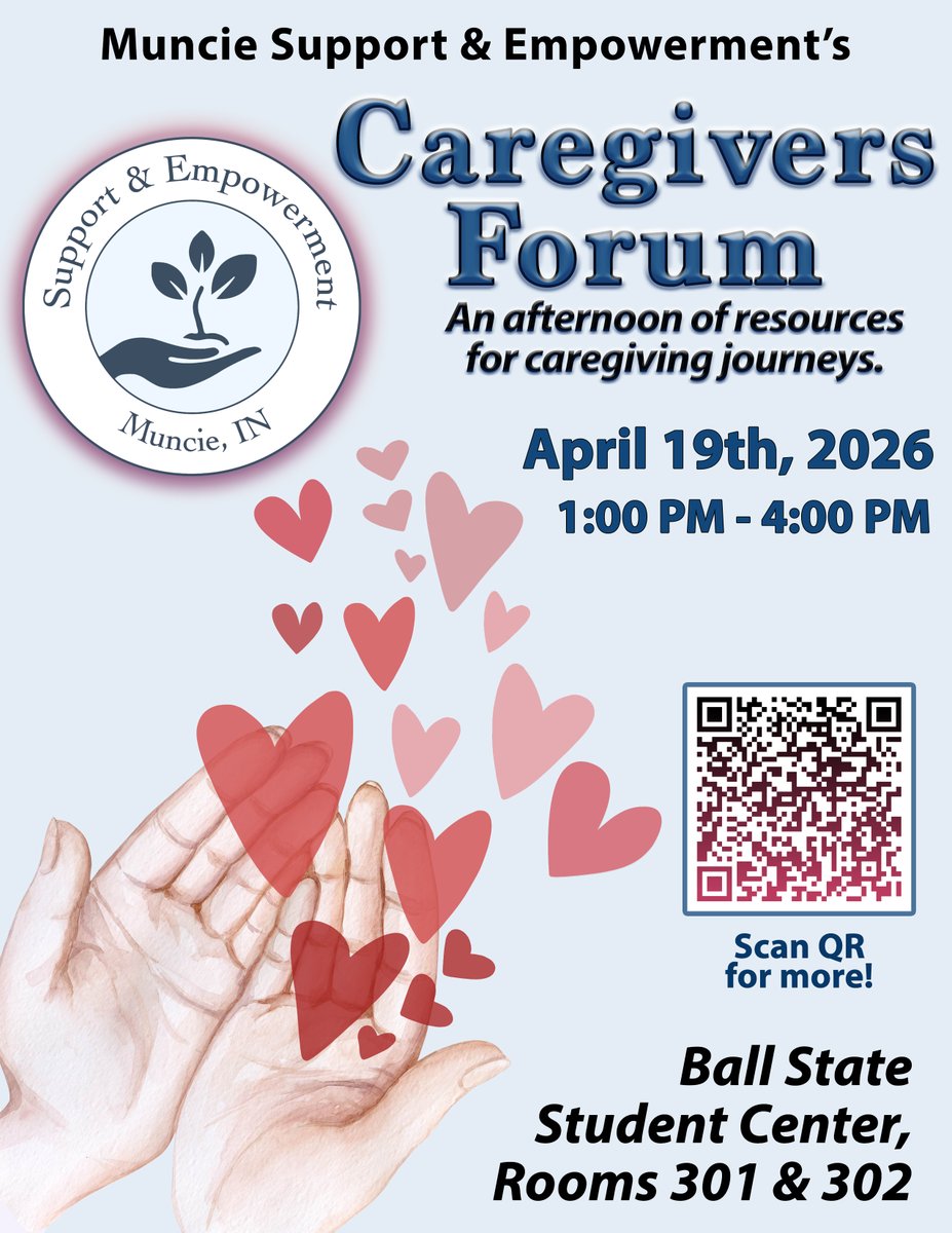 BSUPsychScience's tweet photo. If you—or someone you know—is a caregiver, we’d love to invite you to the Caregivers Forum hosted by Muncie Support &amp; Empowerment.
🗓 April 19, 2026 
⏰ 1:00–4:00 PM
📍 Ball State Student Center (Rooms 301 &amp; 302)

#bsupsychsci #ballstatecsh #ballstate #psichibsu https://t.co/ExFDDluB5u