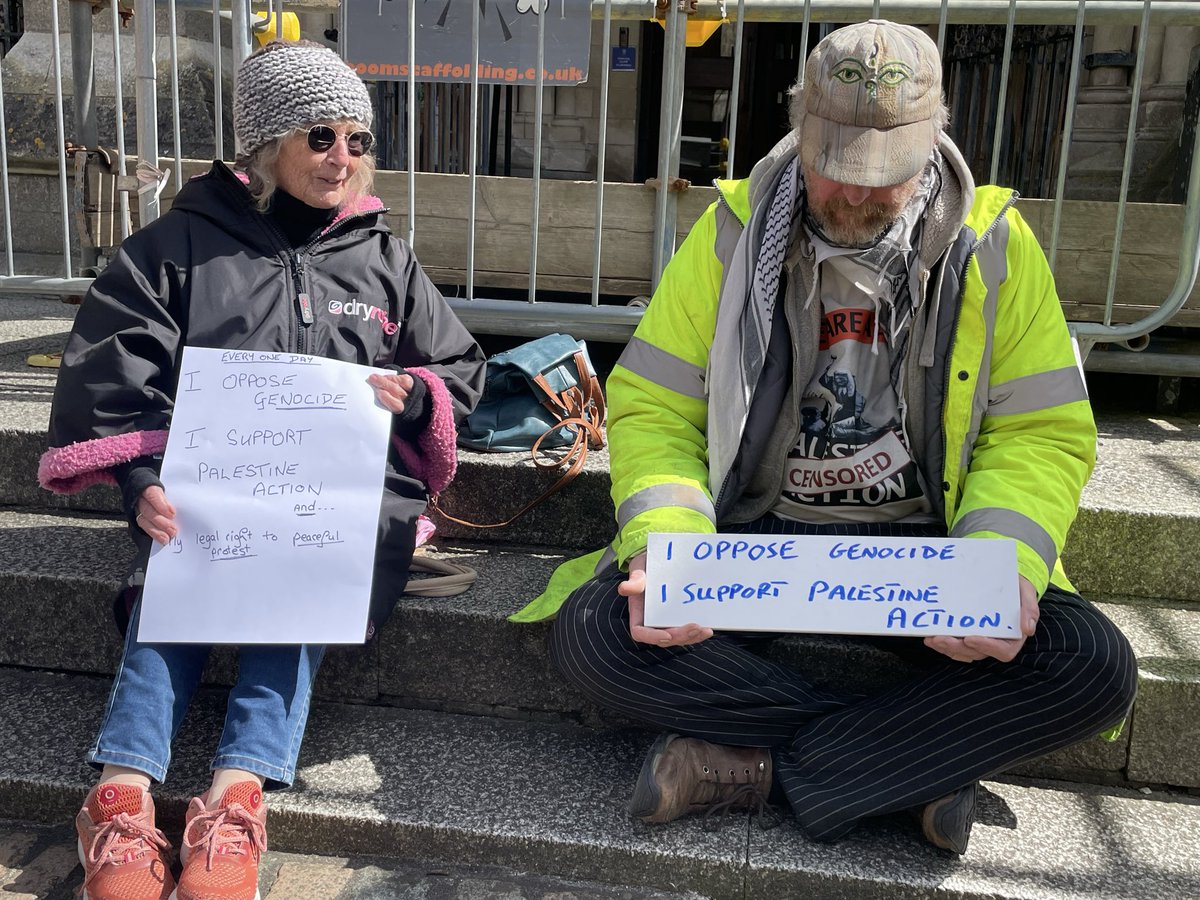 emilyapple's tweet photo. The Met Police are making a political choice to arrest Palestine Action sign holders in London. In contrast, no police turned up to arrest the dangerous terrorists opposing genocide in Truro. https://t.co/pjAAgAl4Dv