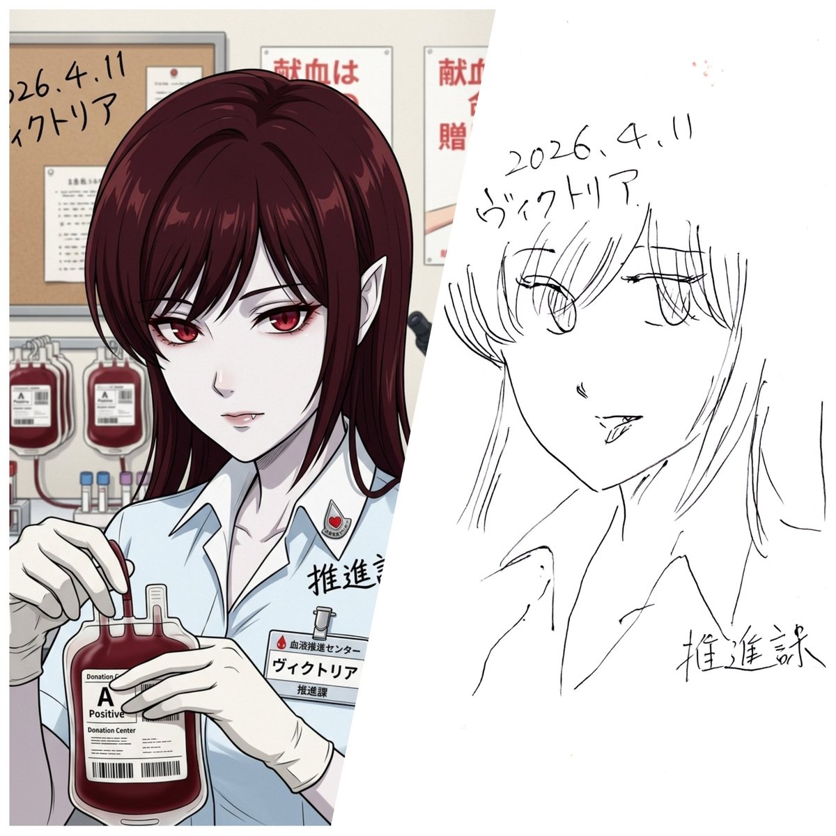 y6_xpv's tweet photo. ラフ画とAIの完成イラストの比較です！🎨
血液推進センターで働く吸血鬼のヴィクトリアさんを描きました💉 https://t.co/8lEwZr8n2a