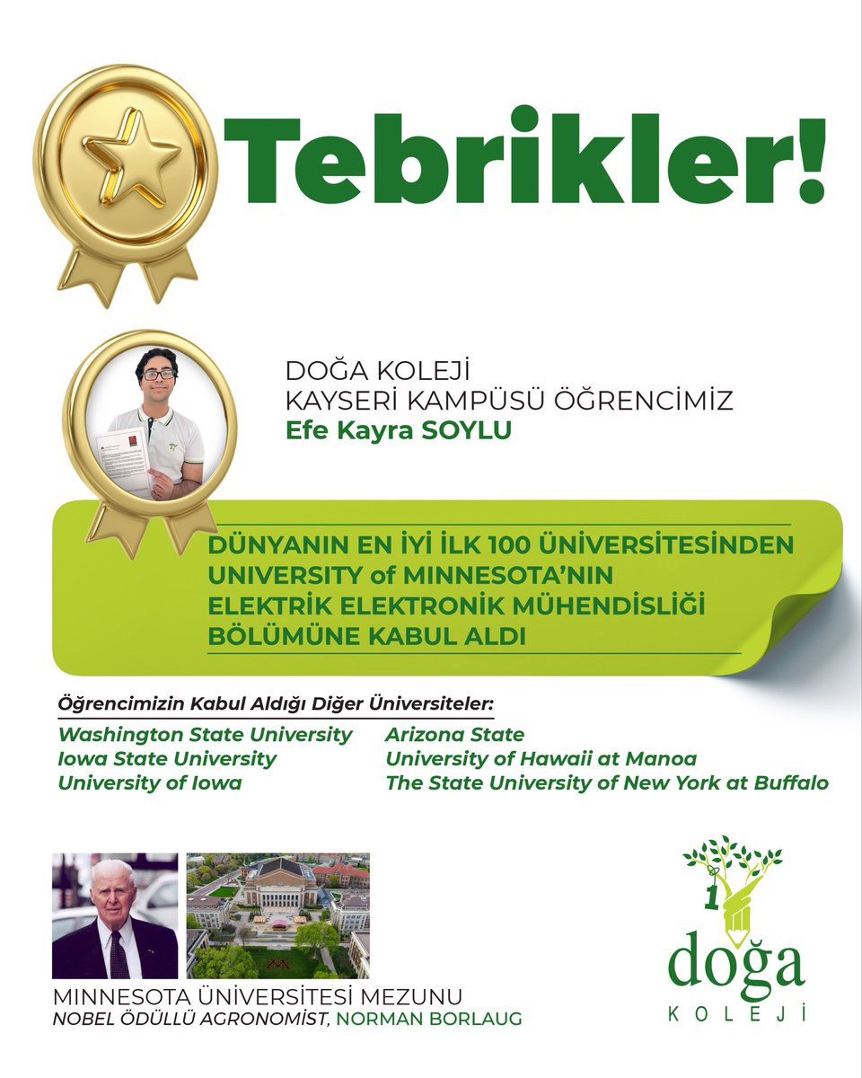 Doğa’nın fark yaratan lise eğitimiyle dünyanın sayılı üniversitelerine kabul alan Kayseri Kampüsü Öğrencimiz Efe Kayra Soylu’yu tebrik eder, başarılarının devamını dileriz. 🎓🌍

#TürkiyeninDoğası #DoğaKoleji 
#BaşarınınDoğası
#TürkiyeninEnİtibarlıÖzelOkulu