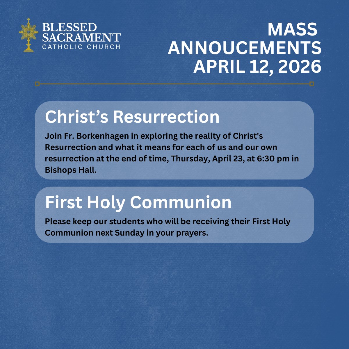 BlssdSacrament's tweet image. Please keep our First Communicants in your prayers as they receive their First Communion next Sunday!

St. Thomas and the Resurrection-Thur, April 23 at 6:30pm
Join Fr. Borkenhagen as we explore not only the reality of Christ’s Resurrection, but also what it means for each of us.