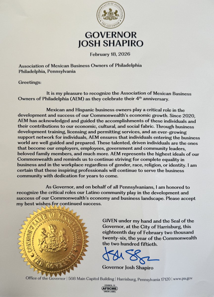 gecoronado's tweet photo. On behalf of the community of the Association of Mexican Business Owners, we sincerely thank @GovernorShapiro for this meaningful recognition. It is an honor to represent and contribute to the growth of our community in #pennsylvania https://t.co/vHdMDtqvgp