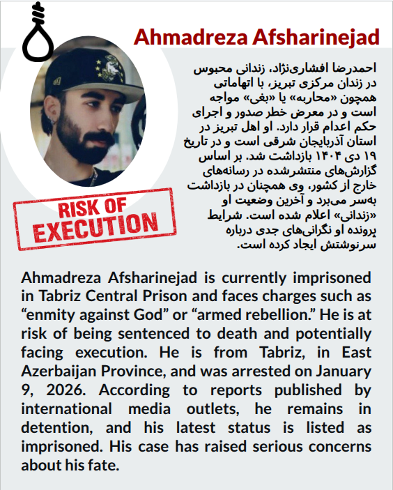 SaveIranLives's tweet photo. #Ahmadreza_Afsharinejad , detained in Tabriz Central Prison since January 2026, faces charges that could lead to a death sentence. His case has raised serious concerns about his fate.  #Iran #HumanRights #StopExecutions https://t.co/YsDmTCZrO4