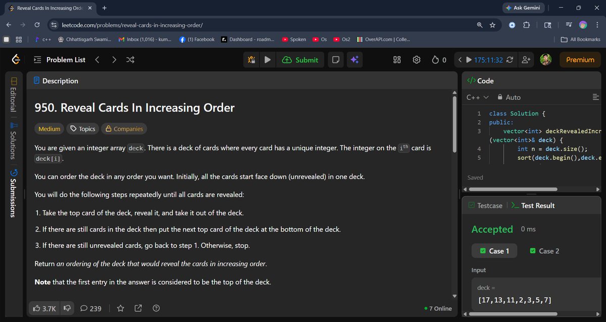 Shami_Kumar1's tweet photo. ๐ Day 77 of my coding journey
Solved a Medium problem on LeetCode
๐ง Reveal Cards In Increasing Order
Learned queue simulation + sorting tricks โก
Consistency is the key ๐ฅ
#Day77 #LeetCode #DSA #Coding #Developer #100DaysOfCode https://t.co/gw8QPKemJM