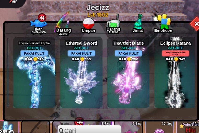 Jeszichen's tweet photo. wts skin fish it 

eclipse katana : 35k
frozen krampus : 30k
ethereal sword : 30k
heartfelt blade : 20k

trusted, testi dipinned https://t.co/6tePhUboL9