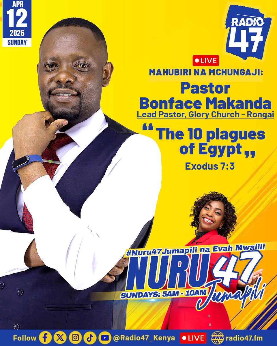 Radio47_Kenya's tweet photo. Gumzo na Mchungaji..

Yale mapigo kumi kwa Wamisri yaani the ten plagues of Egypt yana maana gani? Kaa tayari kwa mahubiri na mafunzo ya mchungaji @bonfacemakanda 
Watch us live: https://t.co/YCJwEHxuk0
Join WhatsApp channel: https://t.co/yRSuTPokLX
WhatsApp No: 0719 739487
X: @radio47_Kenya: https://t.co/cxx6yId6VZ
Facebook: https://t.co/8v6BwsCevx
TikTok: https://t.co/q0lubL6qAZ
Instagram: https://t.co/lroM0JLqv3                                                                       
@EvahMwalili               
#Nuru47Jumapili  #HapaNdipo
