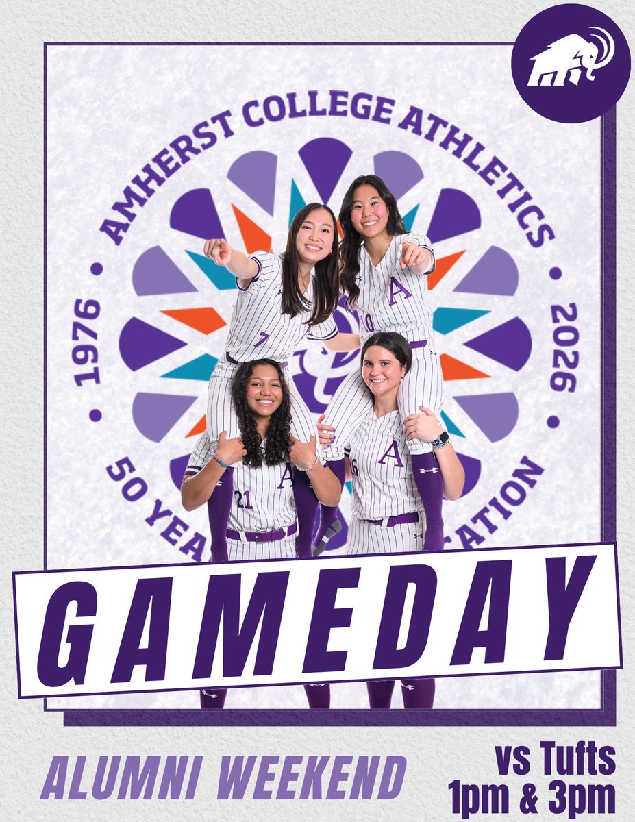 Amherst_SBall's tweet photo. GAMEDAY 🦣🥎💜
Alumni Weekend &amp; 50 Years of Coeducation 💜

📍Amherst, MA
⏰ 1pm &amp; 3pm

Today we are excited to welcome back ACSB Alumni who helped build the program’s proud tradition.

Additionally, today’s game also celebrates 50 years of Coeducation at Amherst! https://t.co/qVGgb80wp1